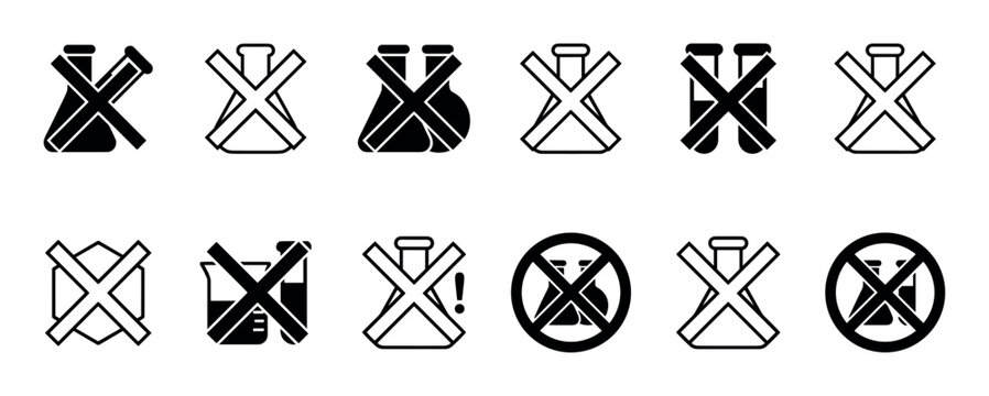 Collection of black chemical-free icons showing crossed-out laboratory flasks and beakers in various minimalist styles, representing concepts like no additives or artificial ingredients