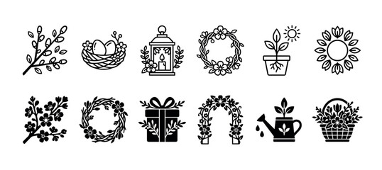 Obraz premium Set of black spring and gardening icons in a simple graphic style, featuring a floral wreath, bird's nest, lantern, gift box, and blooming branches