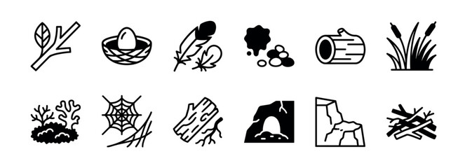 Obraz premium Set of twelve black nature glyph icons showing forest elements like a branch, nest with egg, feather, log, cave, and spiderweb in a simple minimalist style