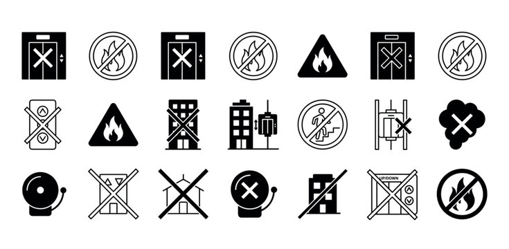 Collection of black fire safety icons showing prohibitions for elevators and buildings during an emergency, including warning signs, alarms, and no fire symbols in a flat vector style