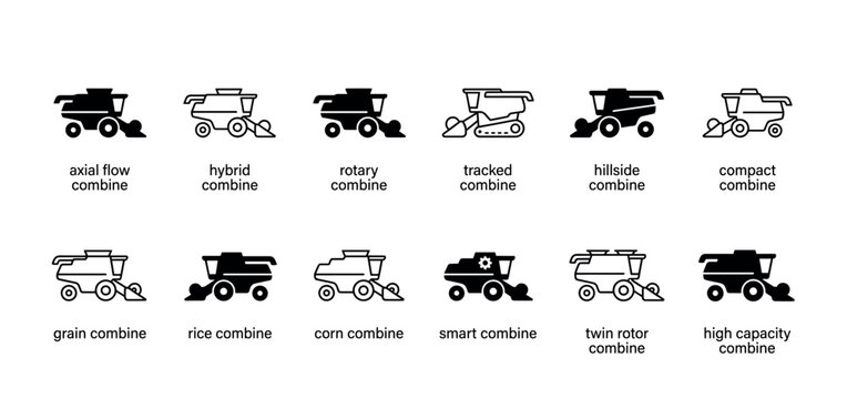 Combine harvester icon set showing different types of agricultural machinery for farming, including axial flow, tracked, and smart combines in a clean glyph and line style