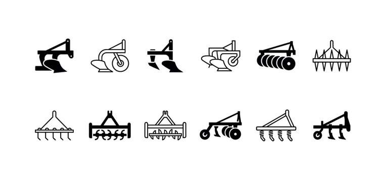 Agricultural equipment icons set showing various tillage machinery like plows, harrows, and cultivators in a simple black glyph and line art style for farming concepts