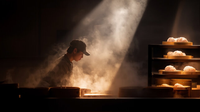 a chef working through a heavy mist of steam at a dim sum stall, ethereal atmosphere with backlit vapor and focused eyes checking food progress in a kitchen