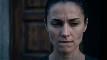 Obraz premium Woman with thoughtful expression in close-up portrait by wooden door. Introspective female face in dim light. Emotional storytelling concept for drama and human emotion.