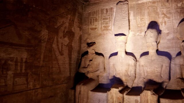 Ancient Egyptian statues with detailed hieroglyphs and ritual scenes inside the Abydos Temple, revealing sacred art, mythology, and preserved history. Egypt.
