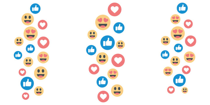 Love Like Emoji Vector, hearts stream doodle pattern, social media reaction icons, colorful internet background, celebration feedback, falling bubble comment, confetti sticker set