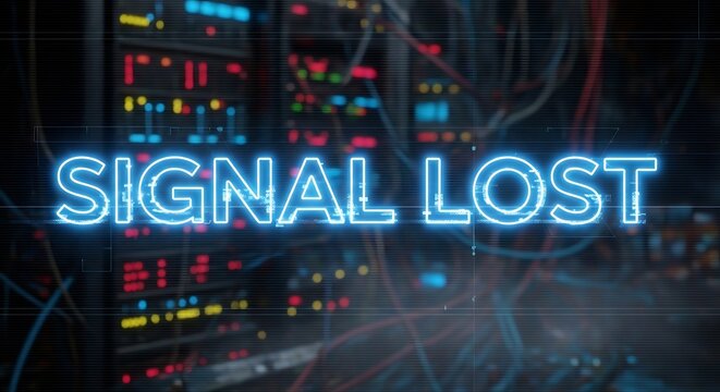 Signal lost text in blue neon on server rack background.