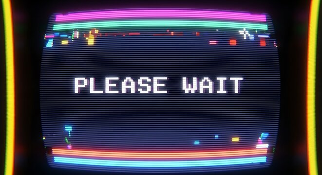 Please wait message on vintage computer screen with static.