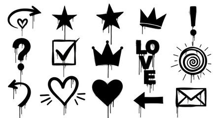 Dynamic vector collection of dripping graffiti icons, featuring street art arrows, stars, hearts, crowns, and various expressive symbols for urban design projects © Simon