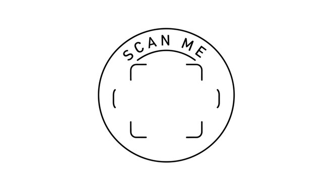 Circular graphic design with the words SCAN ME arched above a square frame, suggesting a QR code or scanning area