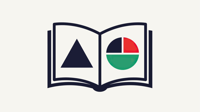 Open book with dark triangle on left page and colorful pie chart on right