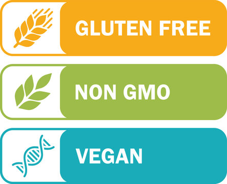 Set of Gluten Free, Non GMO, and Vegan Certified Product Vector Labels