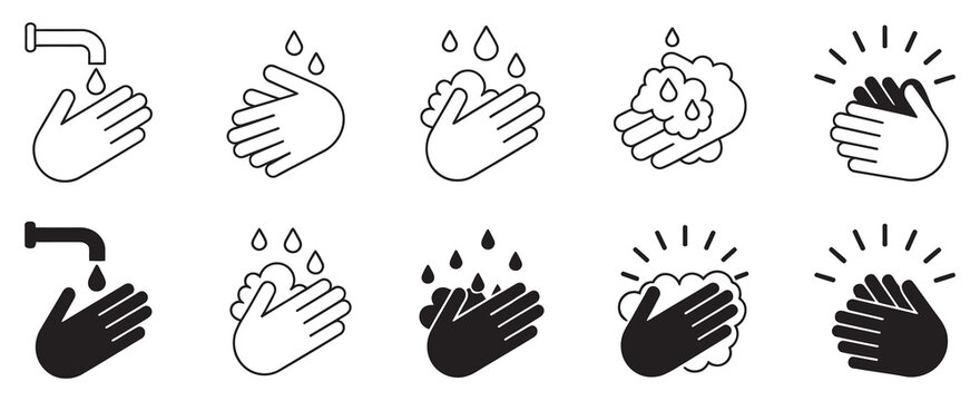 Hand Washing Icon Set, vector illustrations, hand hygiene symbols, water tap, soap and droplet icons, editable flat and stroke design