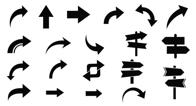 Collection of black arrow icons in various directions flat style silhouette
