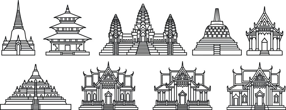 Southeast Asian temple landmarks vector illustration set featuring Angkor Wat Borobudur and traditional Buddhist pagoda architectural icons,