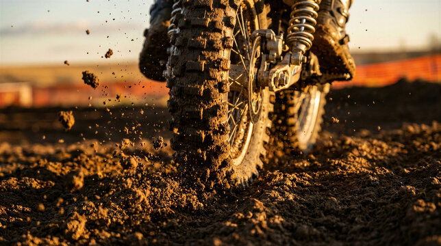 Dirt bike rider jumping over muddy track in golden hour light. Motocross action with tire splash and off-road thrill. Extreme sports adventure and racing concept.