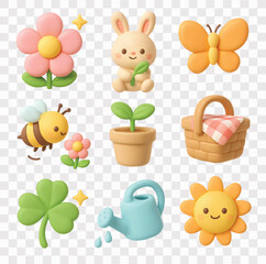 Fototapeta premium Spring Vector Icon Set | 3D icon set | Flower, Rabbit, Butterfly, Bee, Sprout in a Pot, Picnic Basket, Clover, Watering Can, Sun
