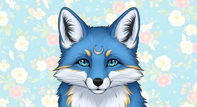 Enchanting Blue Fox Portrait with Mystical Moon Symbol and Golden Accents Against a Serene Floral Pattern Background Illustration