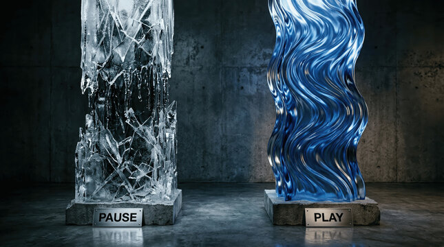 wo sculptures stand side by side in a dark room. One is made of ice and represents pause, while the other is a blue wave and represents play