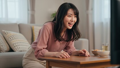 Obraz premium 自宅のテレビの前で身を乗り出してサッカー観戦する女性