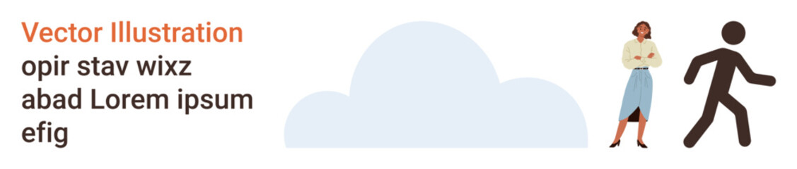 Teamwork, collaboration, leadership, human connection, decision-making, diversity. A woman stands observing a person walking near a cloud shape. Teamwork and leadership concepts © robu_s