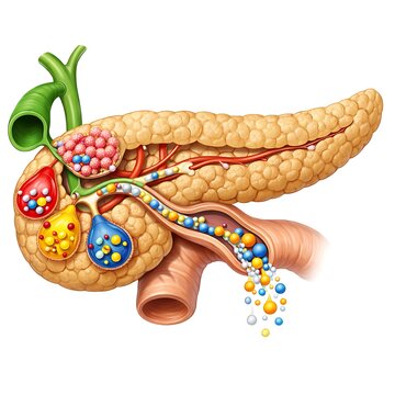 Human Pancreas Anatomy Illustration with Digestive Enzymes and Hormones Flow into Duodenum