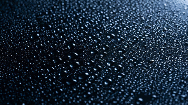 Close-up of water droplets on dark glossy surface. Macro view of dew beads condensing. Abstract moisture texture pattern for backgrounds and design concepts.