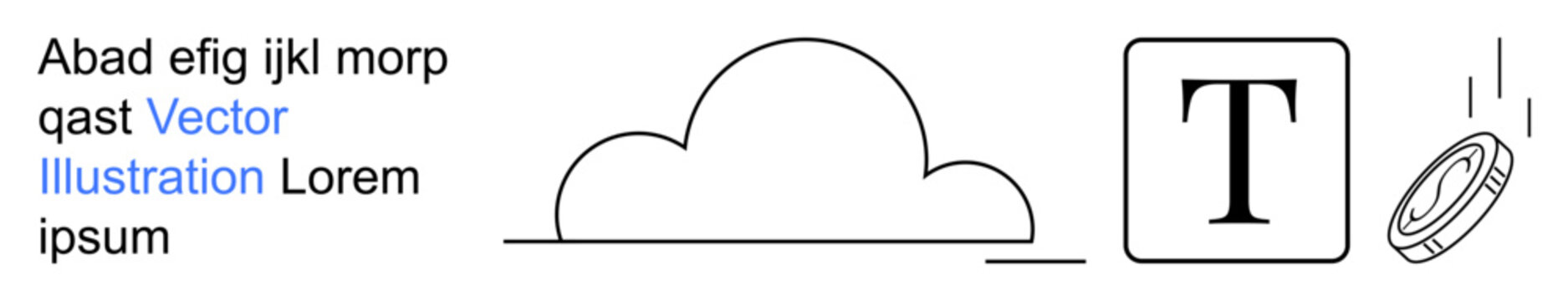 Technology, finance, communication, digital platforms, cloud computing, visual design. Cloud icon, typography block falling coin. Technology and finance concept for digital platforms and computing