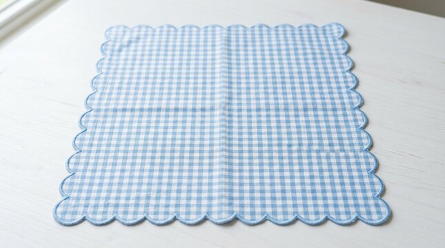 Light blue gingham checkered fabric napkin with scalloped stitched edge on a white background