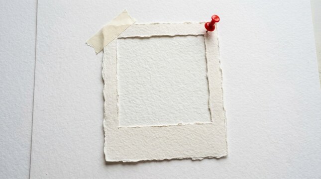 Deckled edge watercolor paper blank polaroid frame with push pin and masking tape on a white background