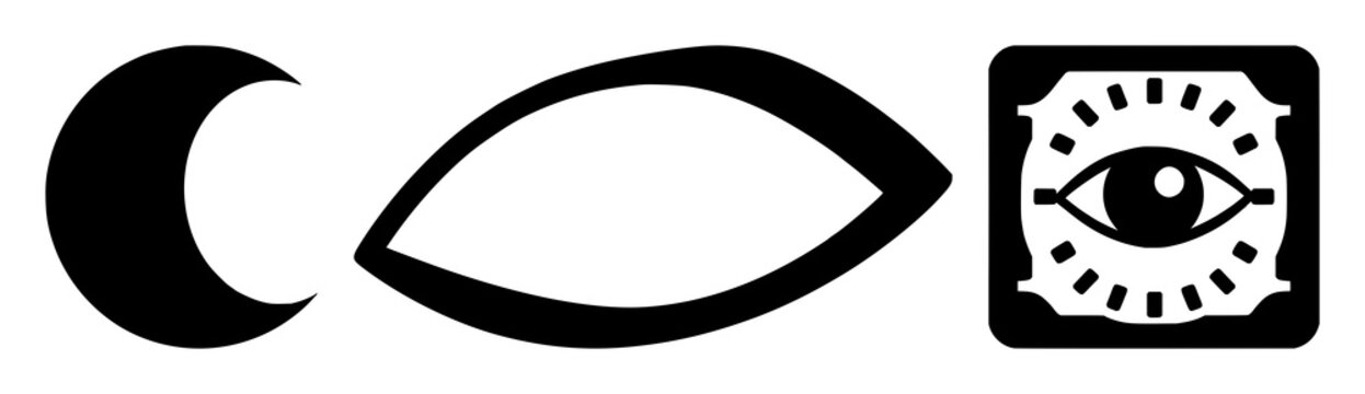Eye icon set with solid black graphic on white background featuring eye, computer, vision, scanning with technology and design