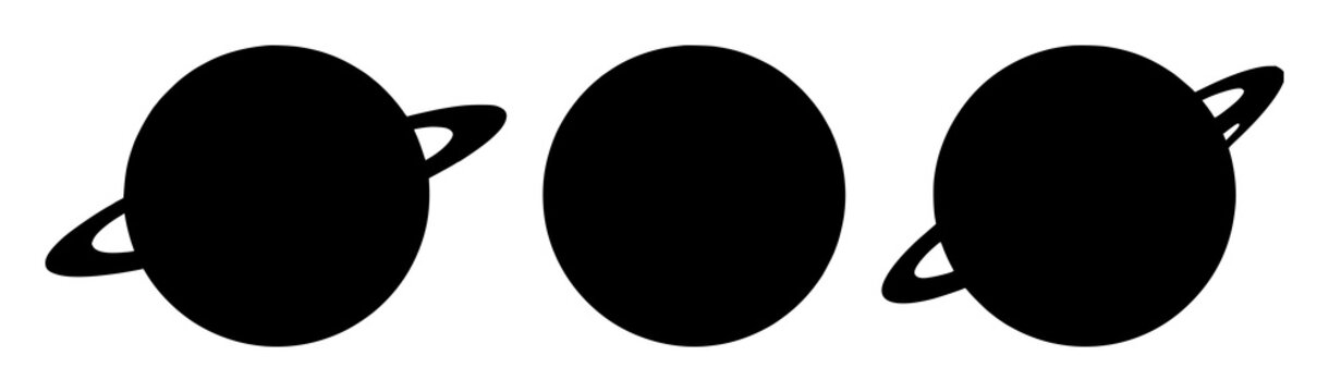 Planet icon set with solid black silhouette on white background featuring celestial object, space, astronomy with vector and minimalism