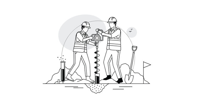 Two dedicated construction workers wearing safety helmets and reflective vests operate a powerful mechanical earth auger to drill deep into the rocky ground.