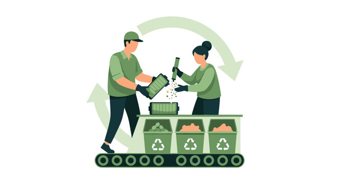 Dedicated industrial workers in green uniforms carefully sort used battery components into specialized recycling bins along a mechanical conveyor belt under clean studio lighting.