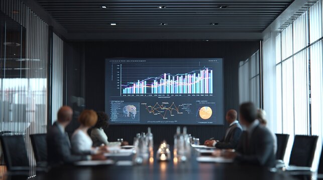 Strategic Insight: A focused meeting unfolds within a contemporary boardroom. A high-tech screen displaying data and graphs dominates, illustrating key performance indicators.