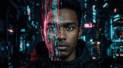 Obraz premium A young person poses in an urban setting with bright lights and digital features on one side of their face