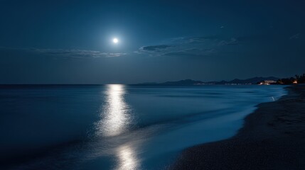 Obraz premium Calm ocean under a full moon: soft reflection in a midnight sky