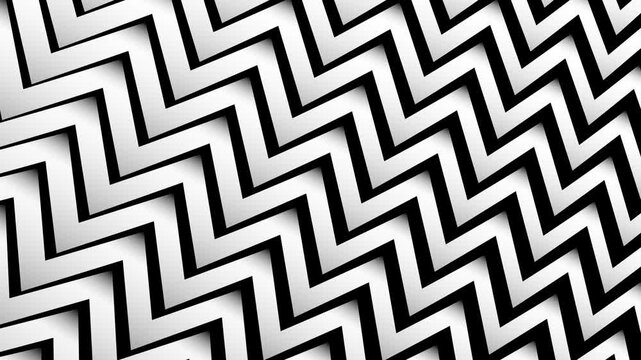 Dynamic black and white zigzag pattern forming a 3D optical illusion. Seamless abstract loop with geometric lines shifting from right to left, creating depth and motion effect. Vertical seamless loop.