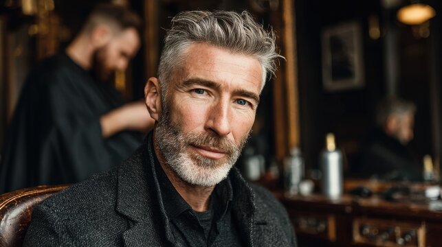 Barber studio portrait of a distinguished man with gray roots and polished beard, anti aging grooming vibe