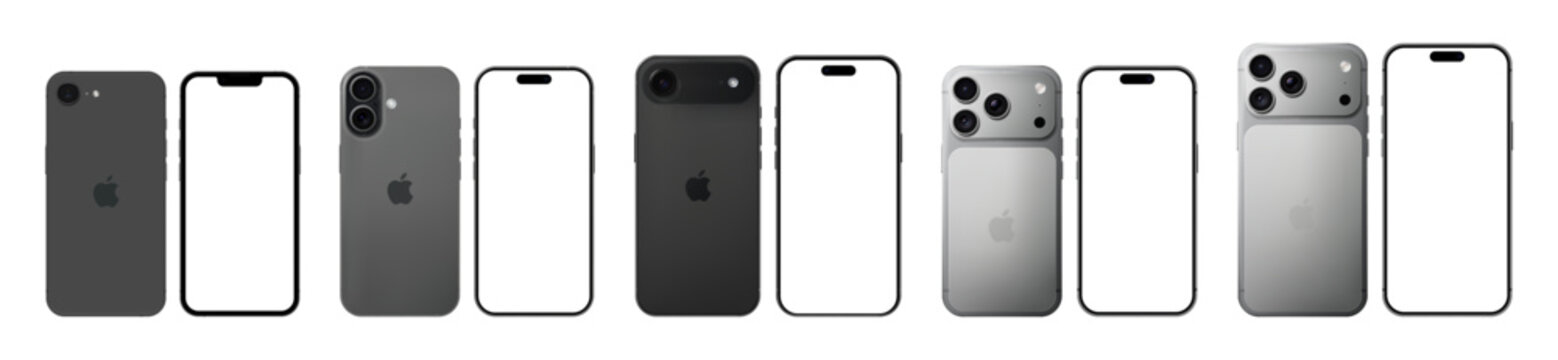 Photorealistic detailed Apple Iphone 2025-2026 full lineup mockup in real dimentions: 17e, 17, Air, 17 Pro and 17 Pro Max. Front and rear view on isolated. Vector editorial illustration