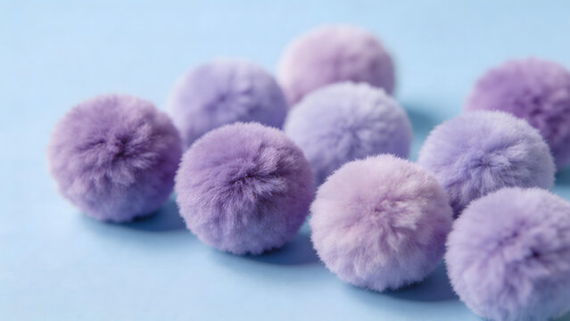 Purple fluffy pom poms on blue background
