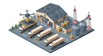 Obraz premium Isometric vector illustration depicting a military logistics base complex, showcasing various military vehicles, soldiers, warehouses, and design icons, set against a clean background