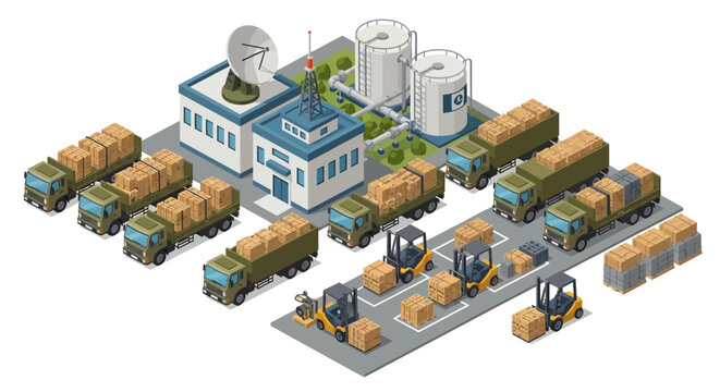 Isometric vector illustration displaying a military logistics base complex featuring warehouses, vehicles, soldiers, and various characters involved in operations, all presented in a clean