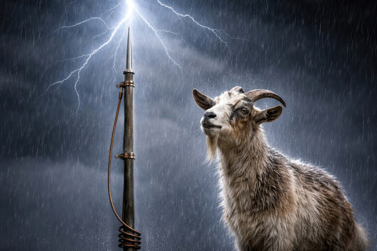 A wet goat next to a lightning rod under lightning and rain.