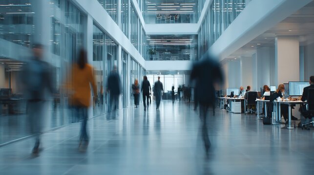 Dynamic Office: A blurred perspective captures the bustling energy of an office environment, where individuals move purposefully within a modern architectural framework. 