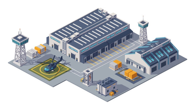 Isometric vector illustration showing a detailed military logistics base complex with soldiers near warehouses and vehicles, rendered as a flat design icon against a clean white background