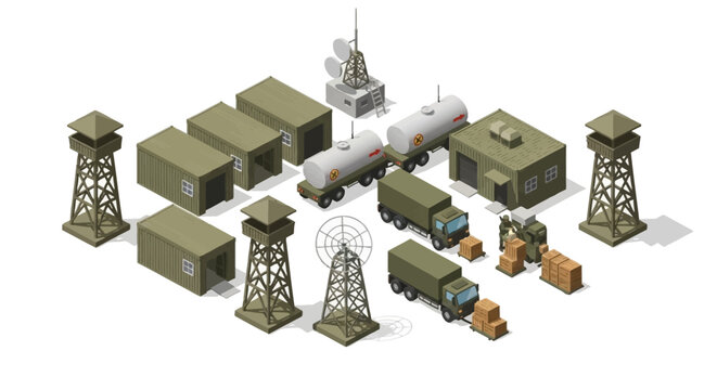 Isometric vector art depicts a military logistics base complex, showcasing uniformed characters and military vehicles around warehouses, all rendered in a clean, detailed design on a white