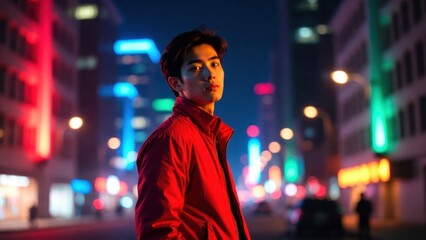 Fototapeta premium Young man wearing red jacket standing on neon lit urban street