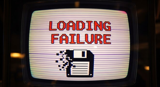 Loading failure message on a vintage television screen with a pixelated broken floppy disk icon and static effect.