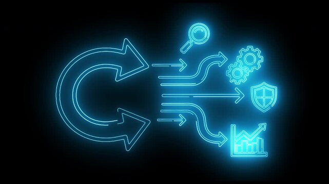 Neon-lit flowchart diagram with arrows and icons on a black background.
